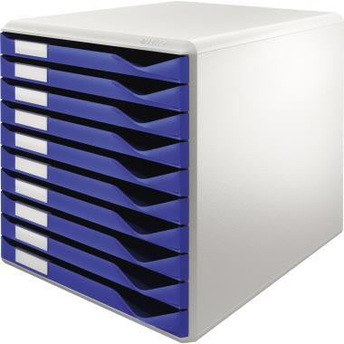 Schubladenbox Leitz 10 Schubladen DIN A4 Überbreite Polystyrol Gehäusefarbe: lichtgrau Farbe der Schublade: blau LEITZ