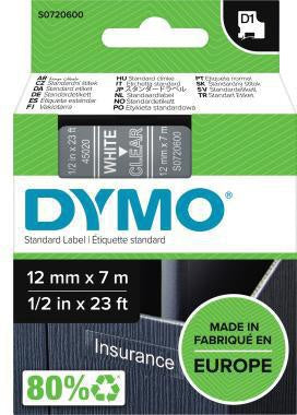 Schriftbandkassette DYMO® D1 12 mm x 7 m (B x L) transparent weiß DYMO