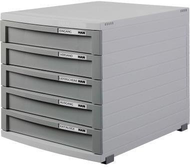 Schubladenbox HAN CONTUR 5 Schubladen DIN A4 DIN B4 DIN C4 Polystyrol Gehäusefarbe: lichtgrau Farbe der Schublade: