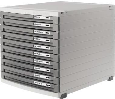Schubladenbox HAN CONTUR 10 Schubladen DIN A4 DIN B4 DIN C4 Polystyrol Gehäusefarbe: lichtgrau Farbe der Schublade: