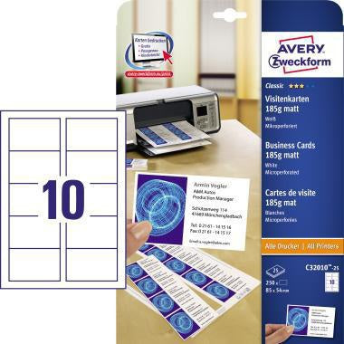 Visitenkarte Avery Zweckform Classic DIN A4 185g/m² weiß 25 Bl/Pack 250 St/Pack AVERY ZWECKFORM