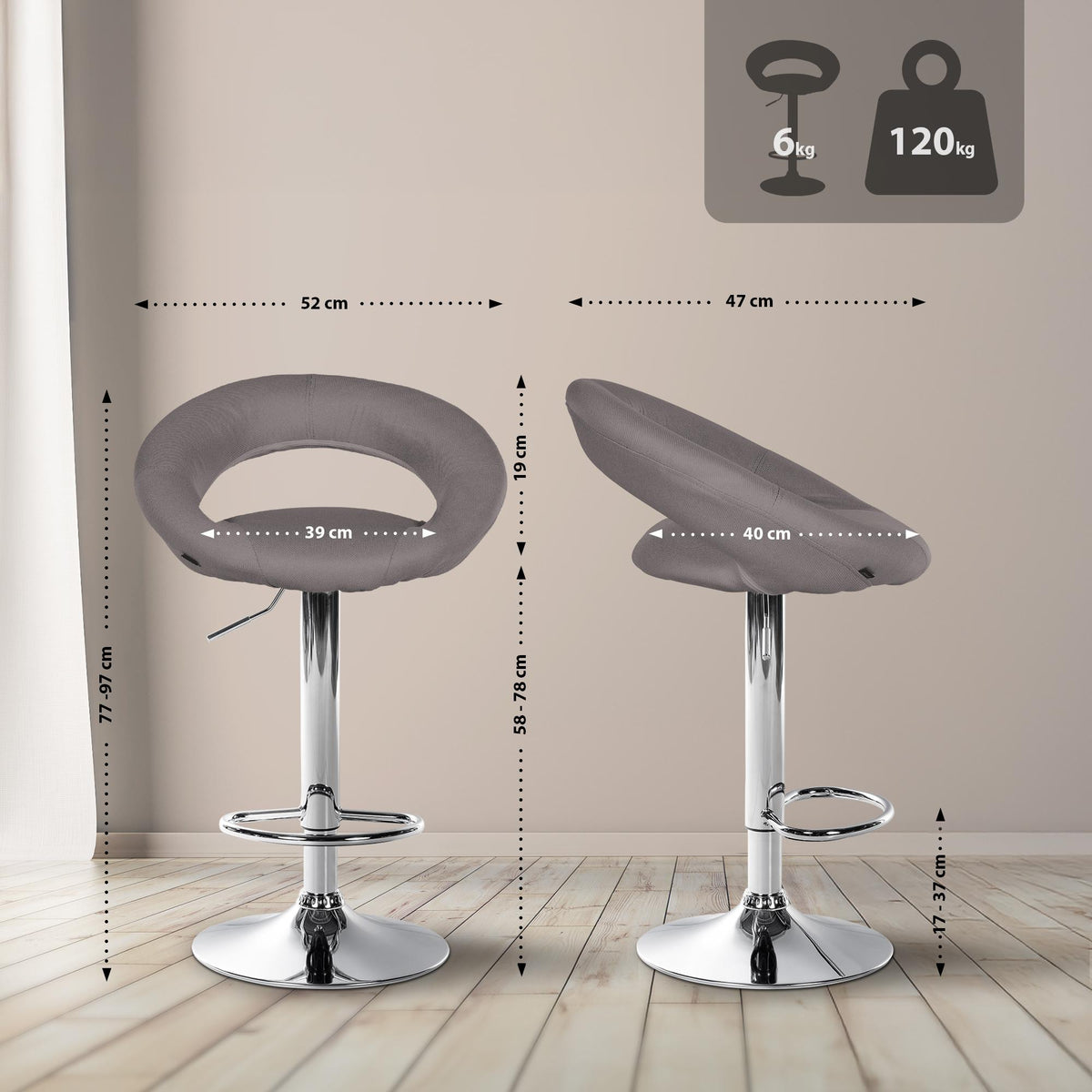 2er Set Barhocker Olinda Stoff Chrom – Ansicht 2