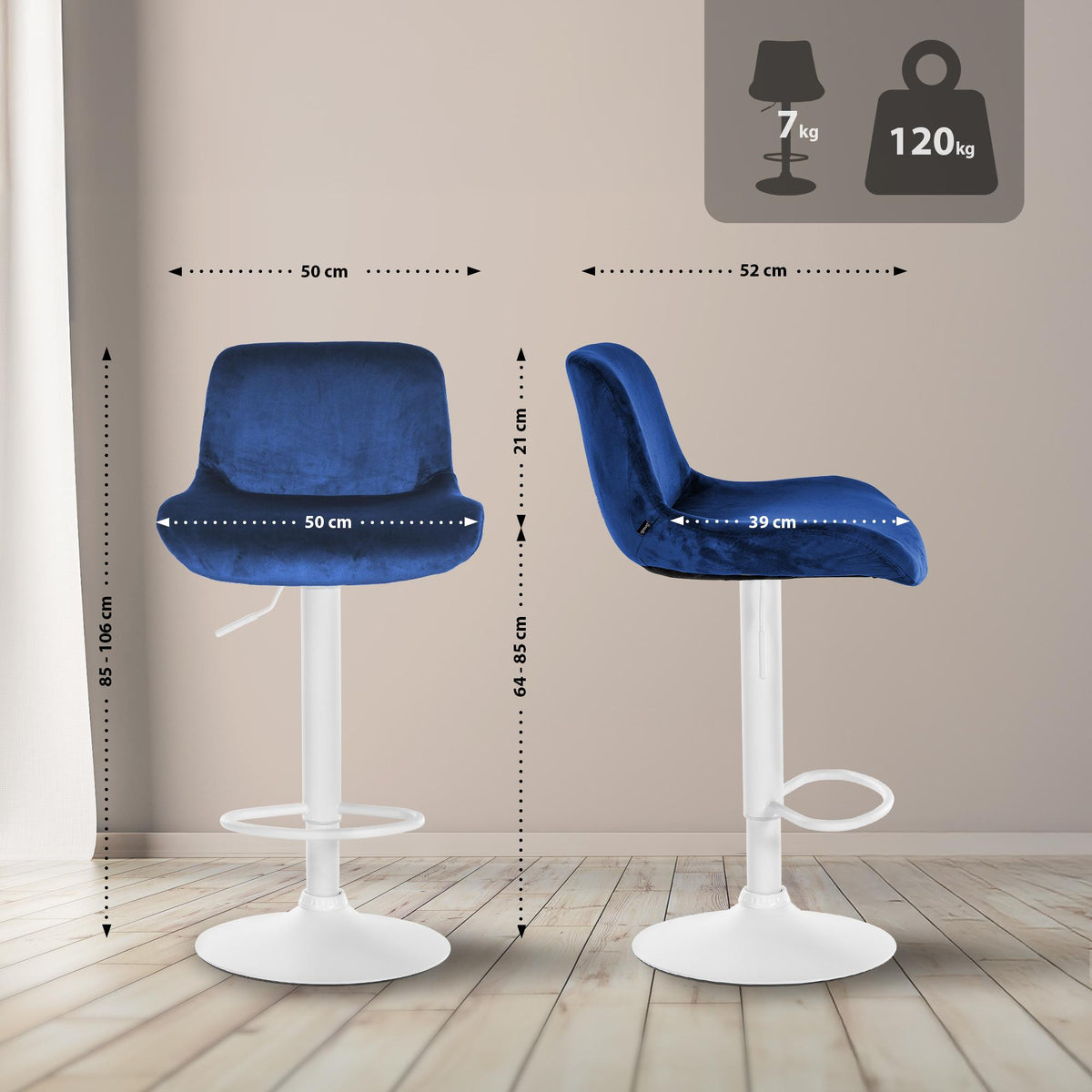 2er Set Barhocker Solon Weiß Samt – Ansicht 2