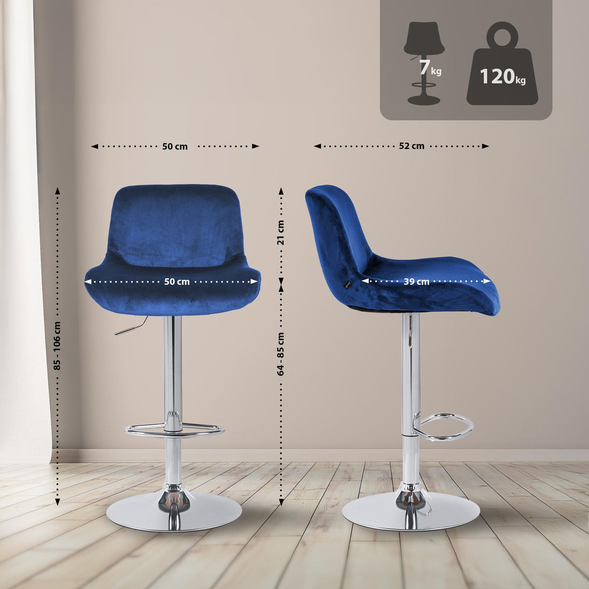 2er Set Barhocker Solon Chrom Samt – Ansicht 2