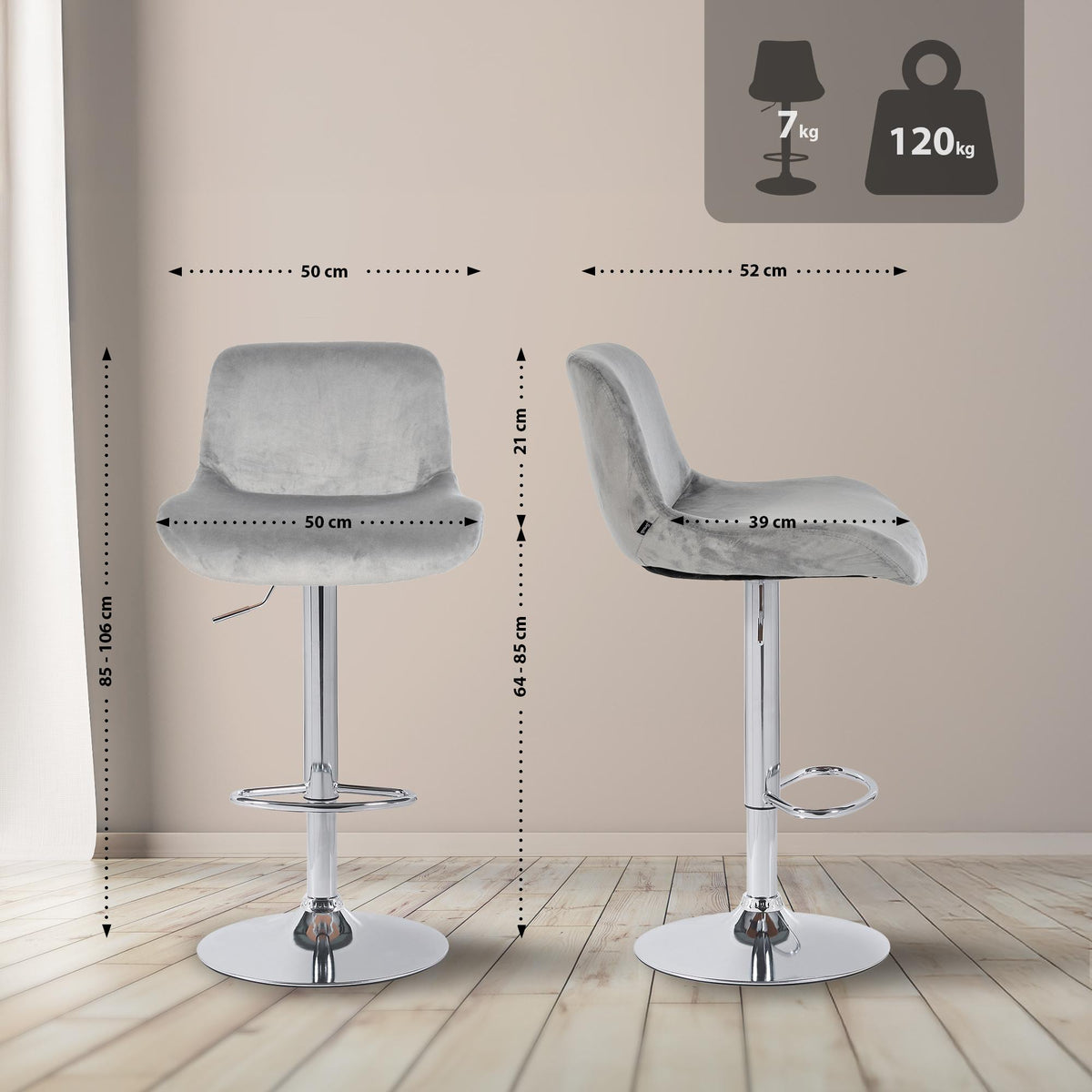 2er Set Barhocker Solon Chrom Samt – Ansicht 16