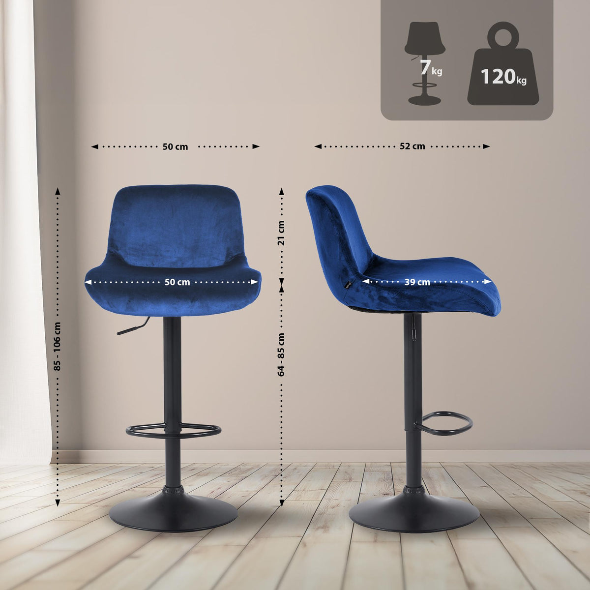 2er Set Barhocker Solon Schwarz Samt – Ansicht 2