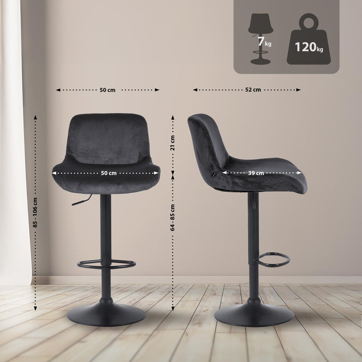 2er Set Barhocker Solon Schwarz Samt – Ansicht 9