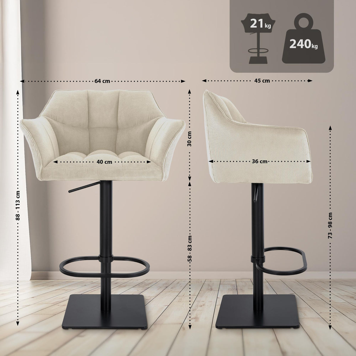 Barhocker Damaso B Cord – Ansicht 2