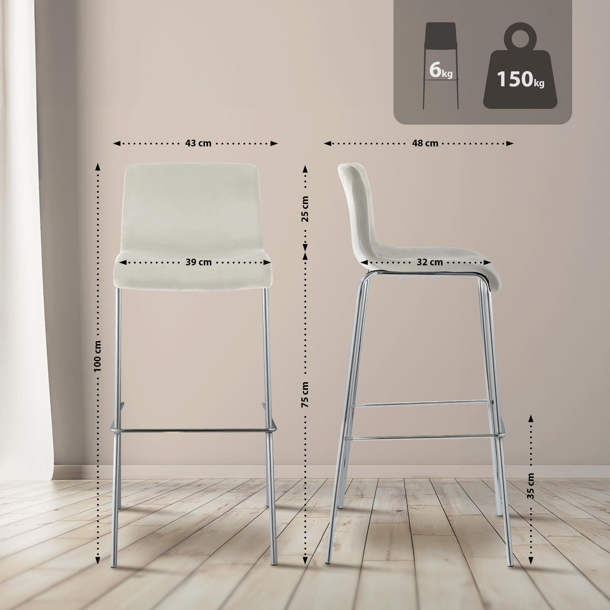 Barhocker Hoover Samt 4-Fuß Chrom – Ansicht 9