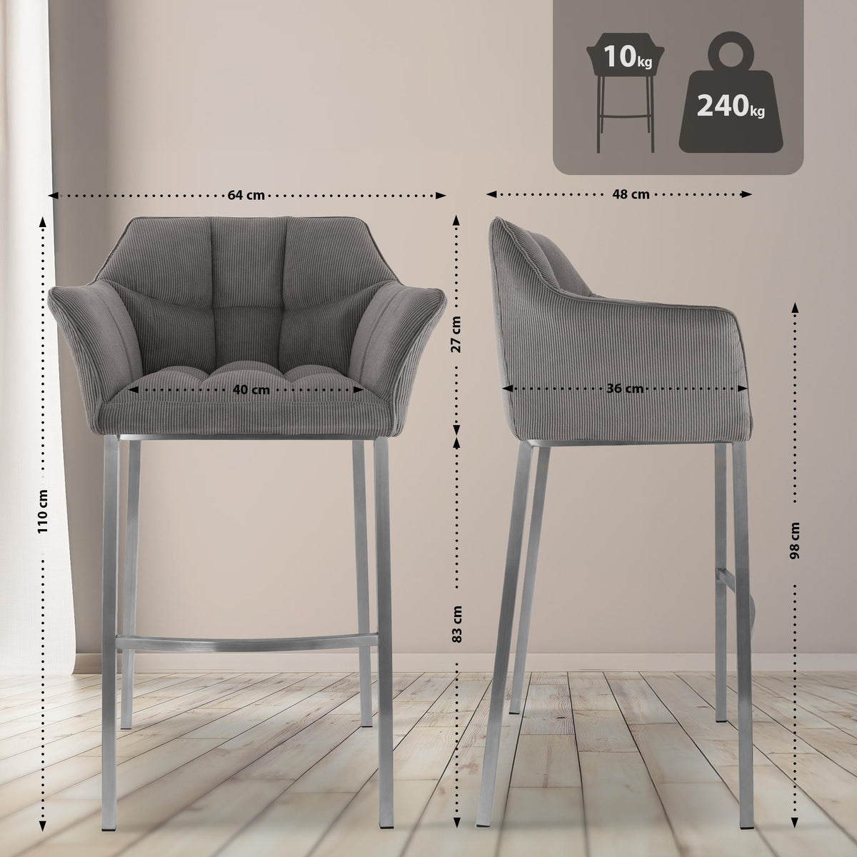 Barhocker Damaso E Cord mit 4-Fuß Gestell – Ansicht 9