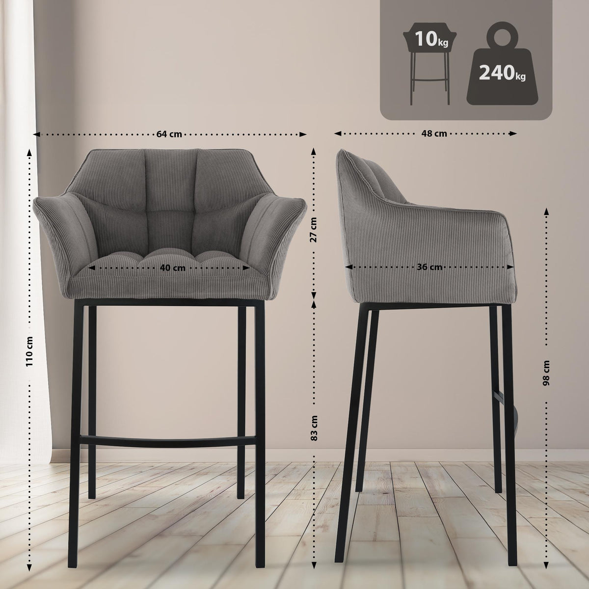 Barhocker Damaso B Cord mit 4-Fuß Gestell – Ansicht 9