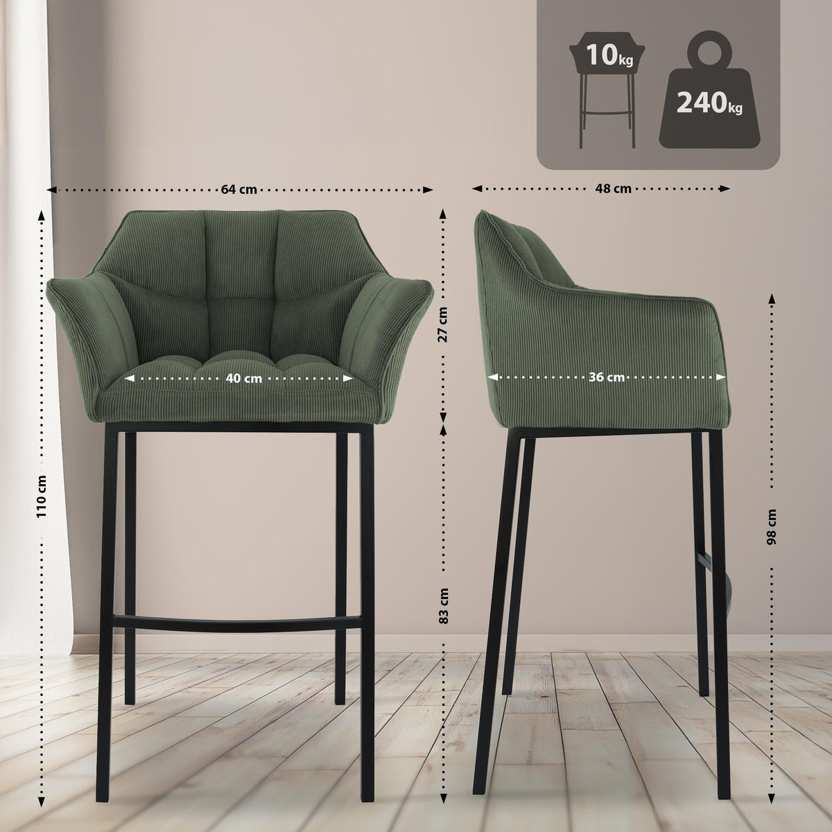 Barhocker Damaso B Cord mit 4-Fuß Gestell – Ansicht 16