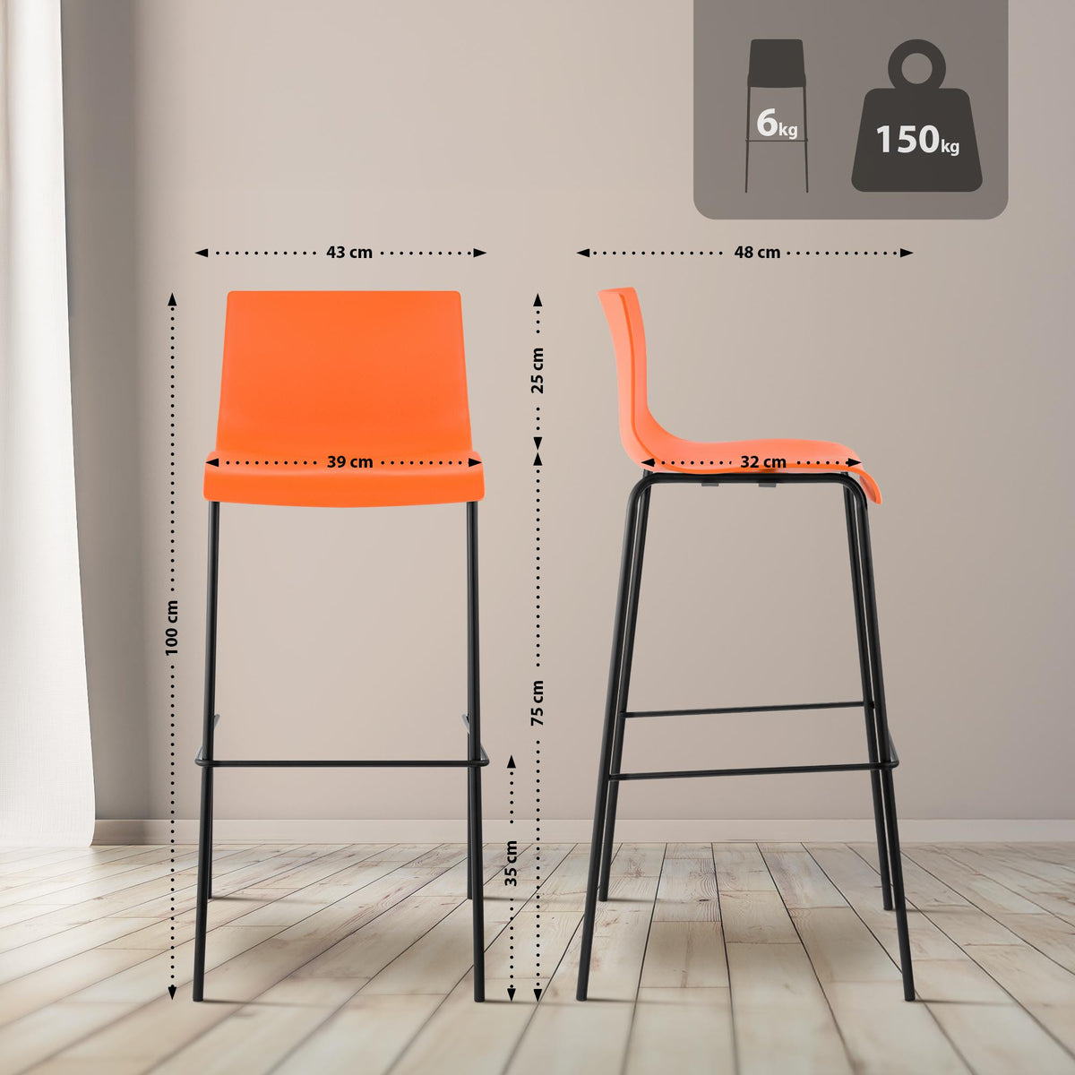 2er Set Barhocker Hoover Kunststoff 4-Fuß Gestell schwarz – Ansicht 2