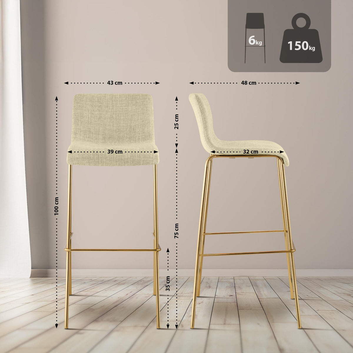 Barhocker Hoover Stoff 4-Fuß Gold – Ansicht 16