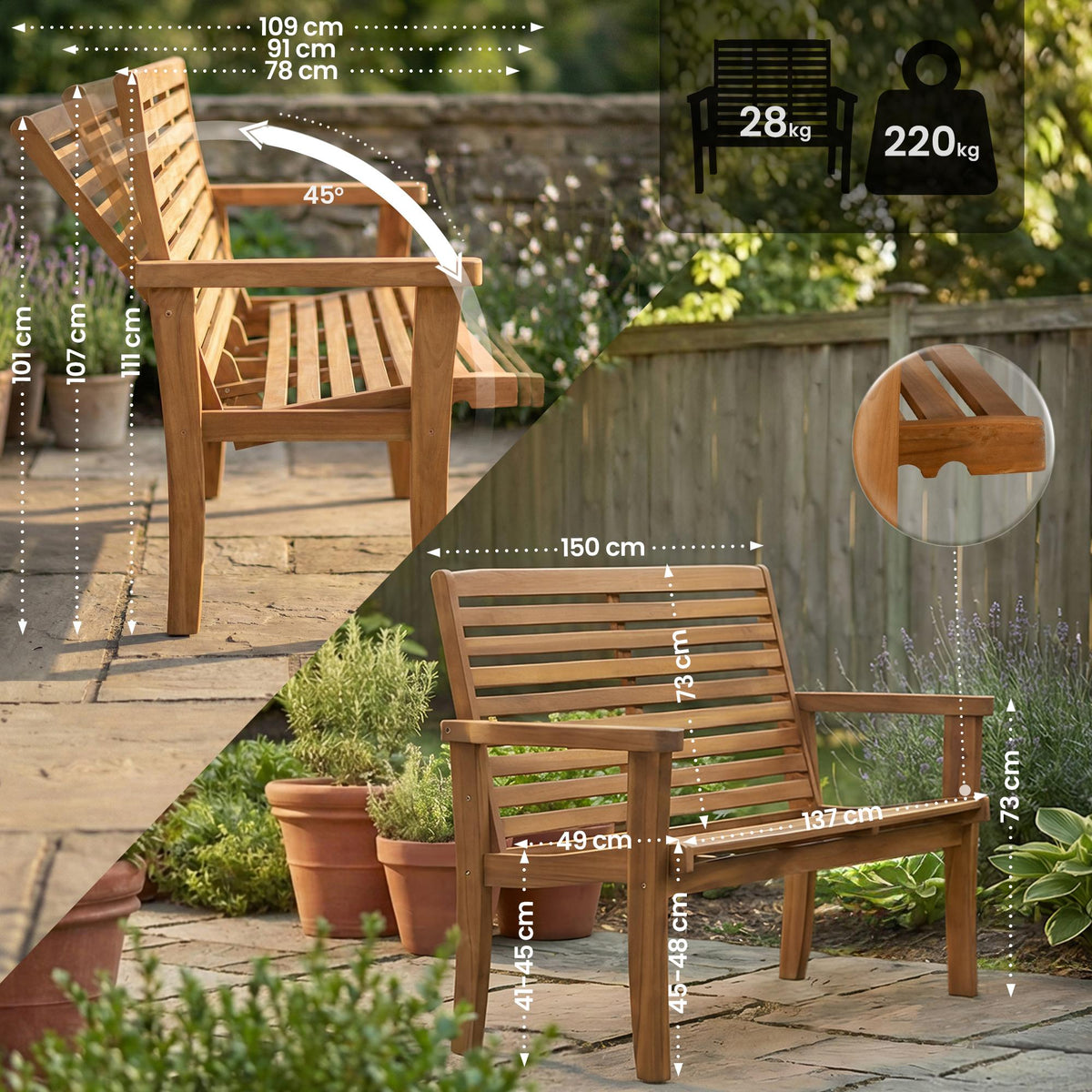 Reclining Teakbank Nicosia 150 cm – Ansicht 2