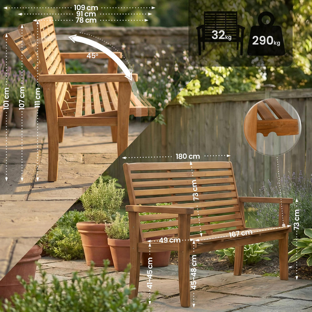 Reclining Teakbank Nicosia 180 cm – Ansicht 2
