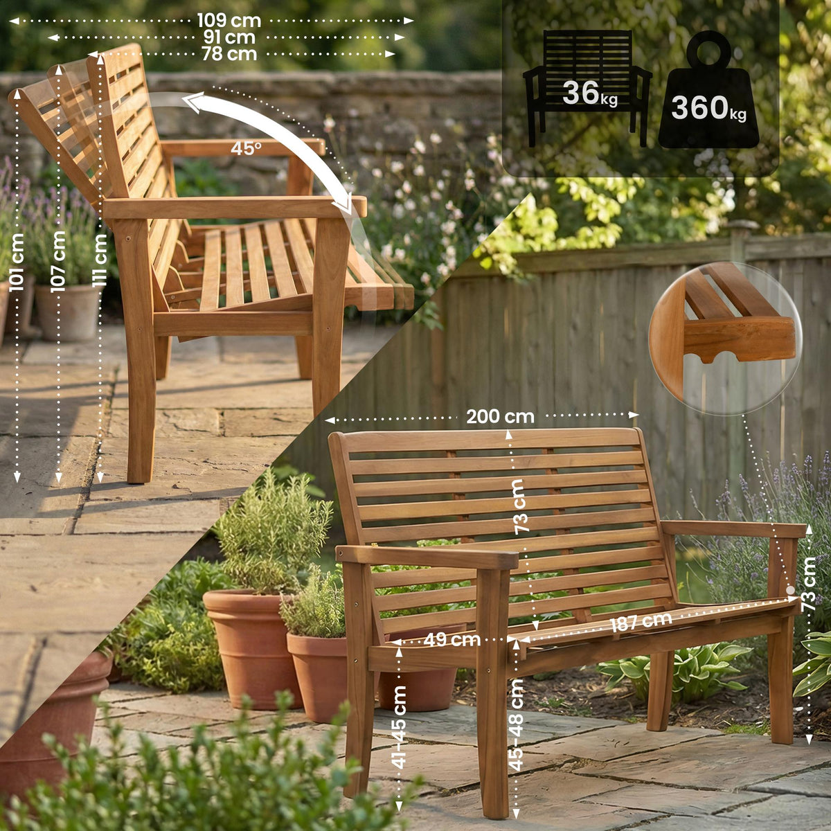 Reclining Teakbank Nicosia 200 cm – Ansicht 2