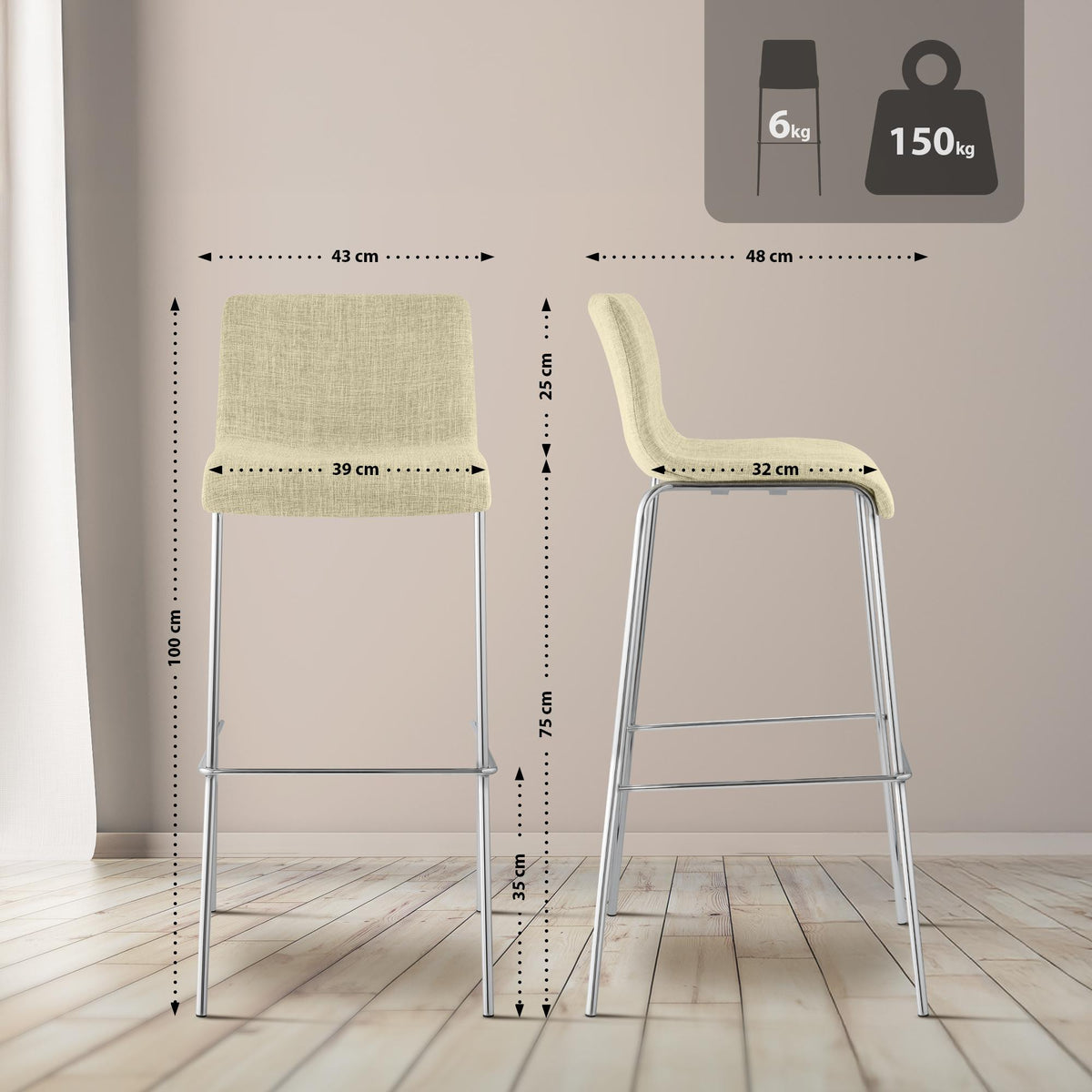 Barhocker Hoover Stoff 4-Fuß Gestell Chrom – Ansicht 16