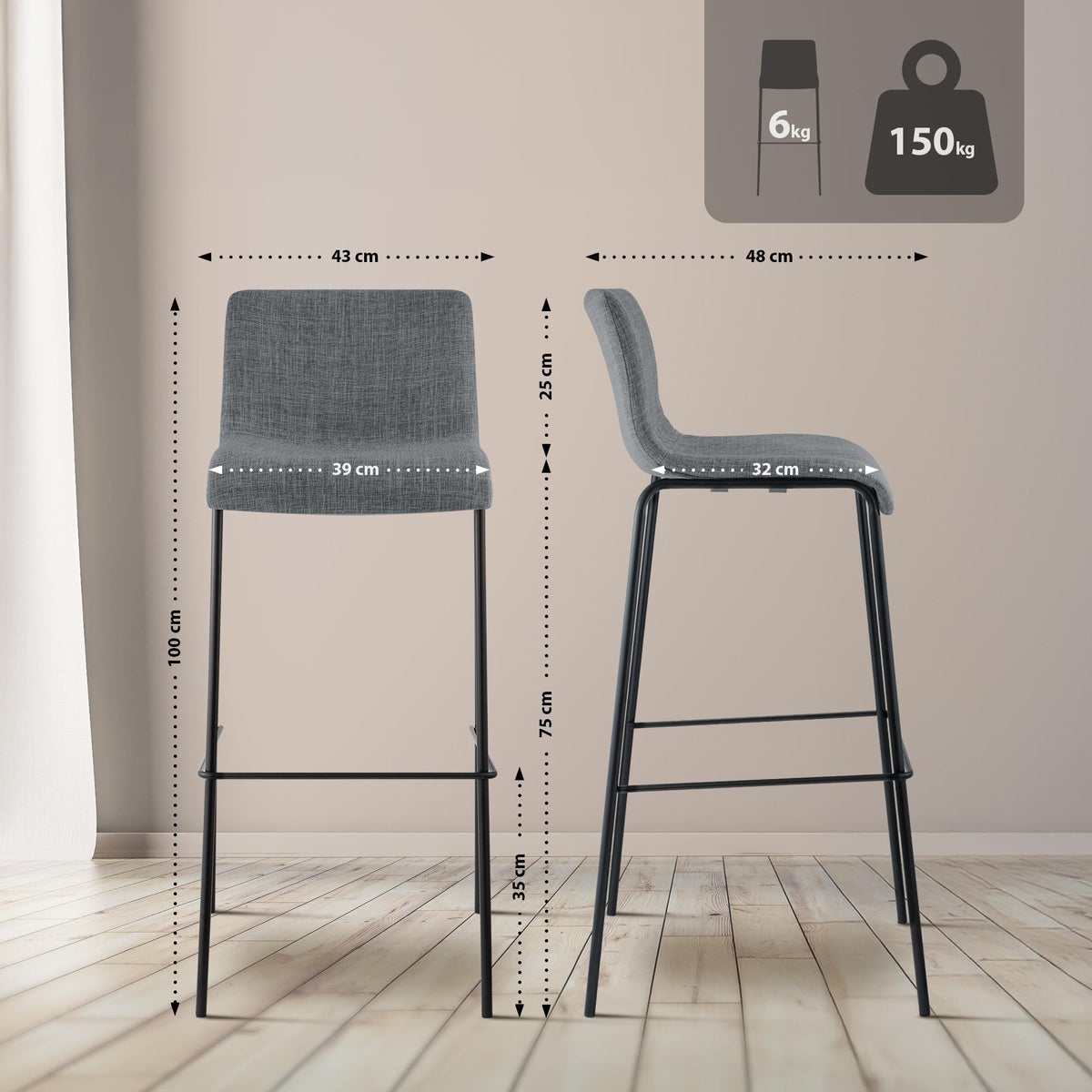 2er Set Barhocker Hoover Stoff 4-Fuß Gestell schwarz – Ansicht 9