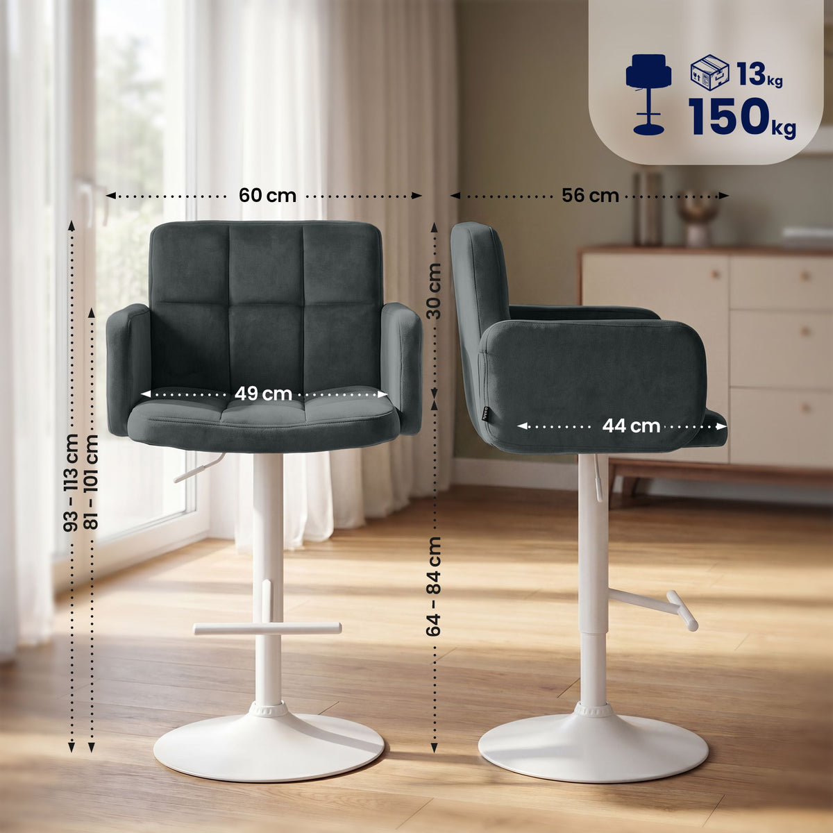 2er Set Barhocker Los Angeles Samt weiß – Ansicht 2