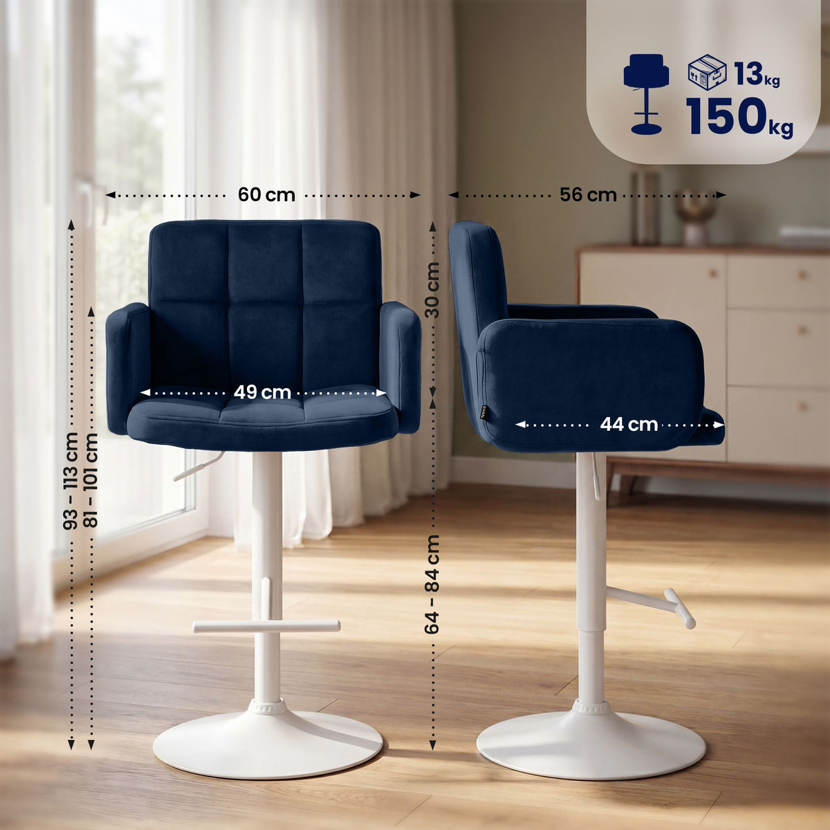 2er Set Barhocker Los Angeles Samt weiß – Ansicht 9