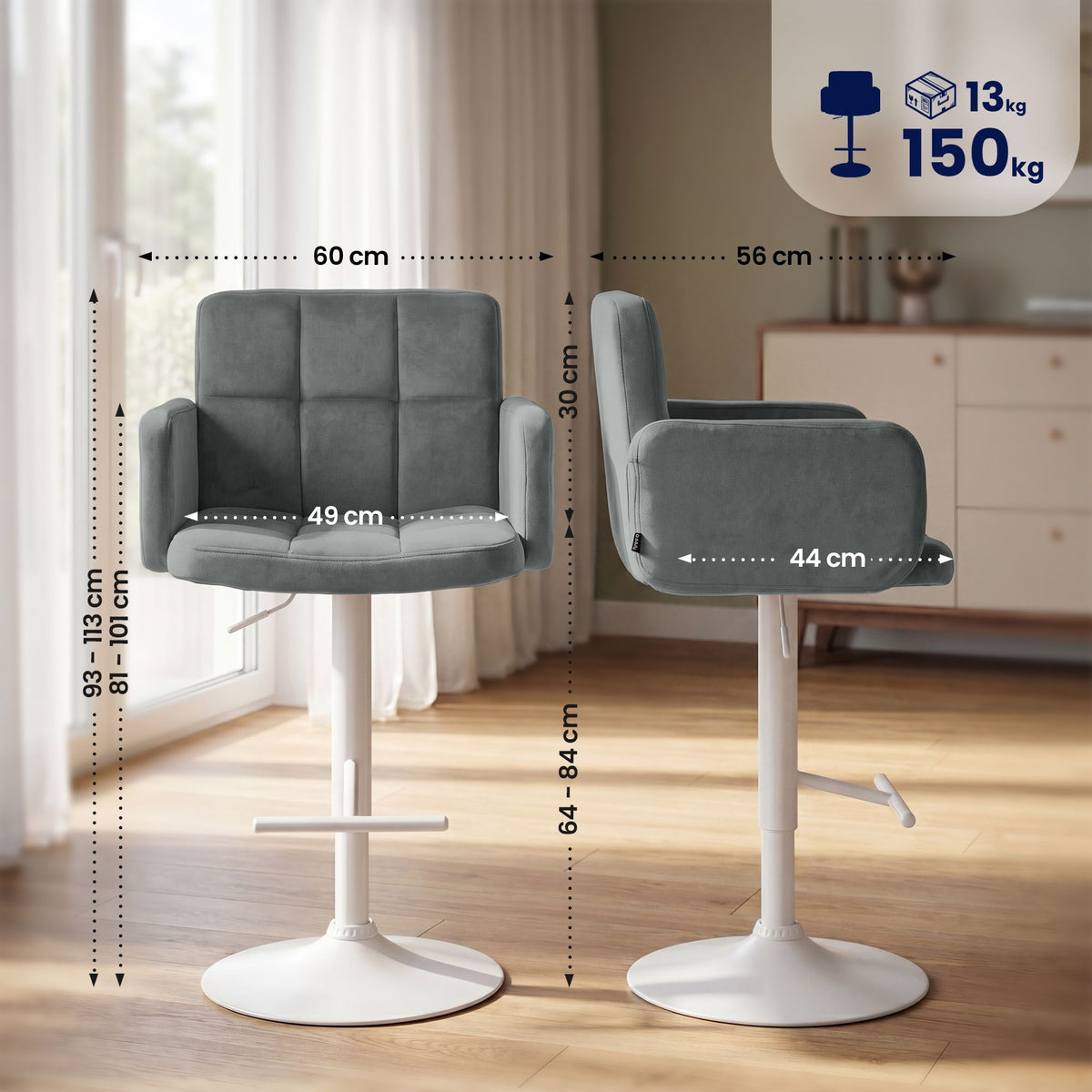 2er Set Barhocker Los Angeles Samt weiß – Ansicht 16