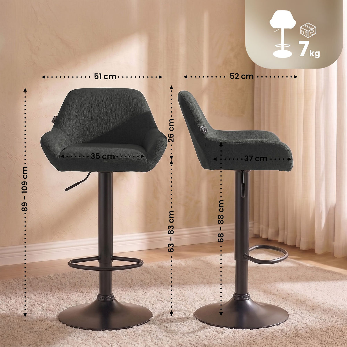 2er Set Barhocker Braga Stoff schwarz – Ansicht 17