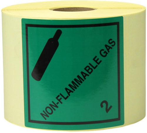 Etiketten Maße 100x100mm Papier grün Aufdruck Non Flammable Gas TRANSPAK