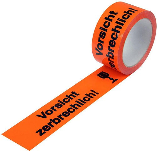 Warnklebeband Breite 50mm L66m S52µ PP leuchtorange Vorsicht zerbrechlich - VPE: 12