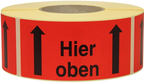 Warnetiketten Maße 145x70mm Papier rot Hier oben TRANSPAK