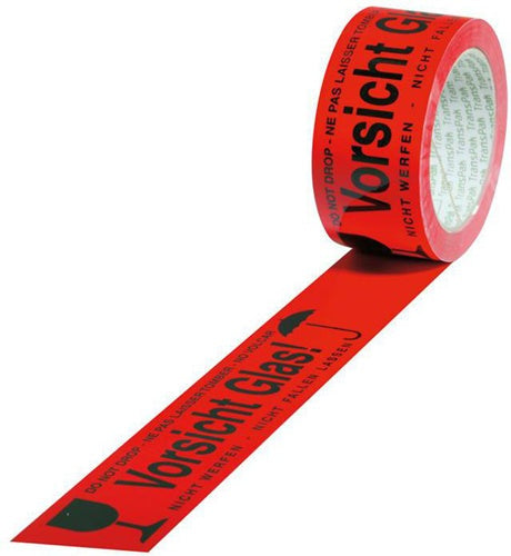 Kennzeichnungsband Breite 50mm L66m S52µ PVC rot Aufdruck Vorsicht Glas - VPE: 12