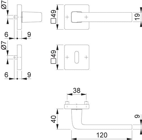 Rosettengarnitur Dublin 1124 / 843KV/843KVS Aluminium F249 eckig OB DIN links / rechts D/D HOPPE