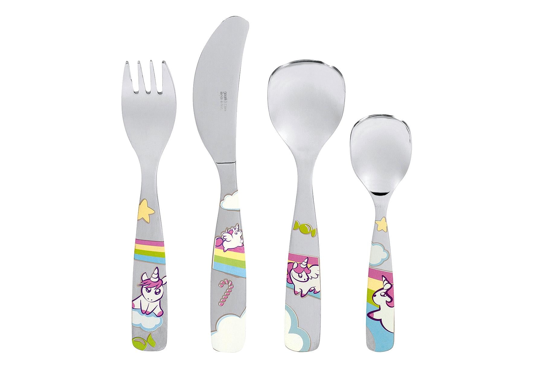 PROFINO Kinderbesteck 'Einhorn' 4-teilig 4-teilig: bestehend aus: 1 x Gabel (L 183 cm) 1 x Messer (L 17 cm) 1 x Esslöffel (