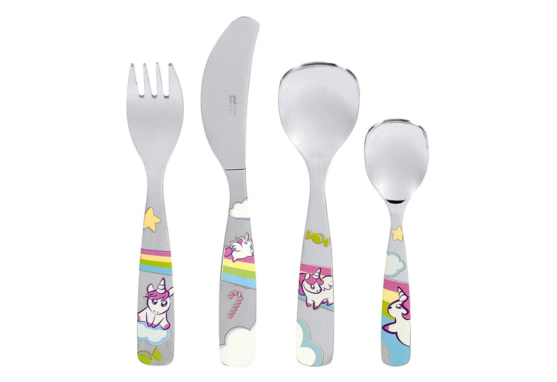 PROFINO Kinderbesteck 'Einhorn' 4-teilig 4-teilig: bestehend aus: 1 x Gabel (L 183 cm) 1 x Messer (L 17 cm) 1 x Esslöffel (