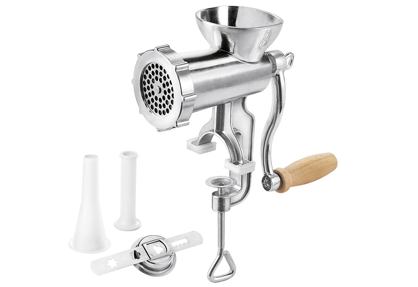 METALTEX Fleischwolf-Set 'Jack' Fleischwolf Spritzgebäckaufsatz Wurstfülltrichter Stößel Holzkurbel Tischbefestigung
