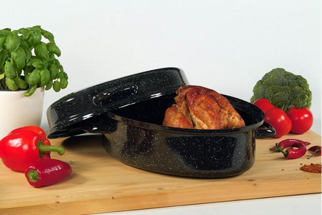 KARL KRÜGER Gänsebräter oval 45 l Ø34cm emailliert schwarz/weiß gesprenkelt