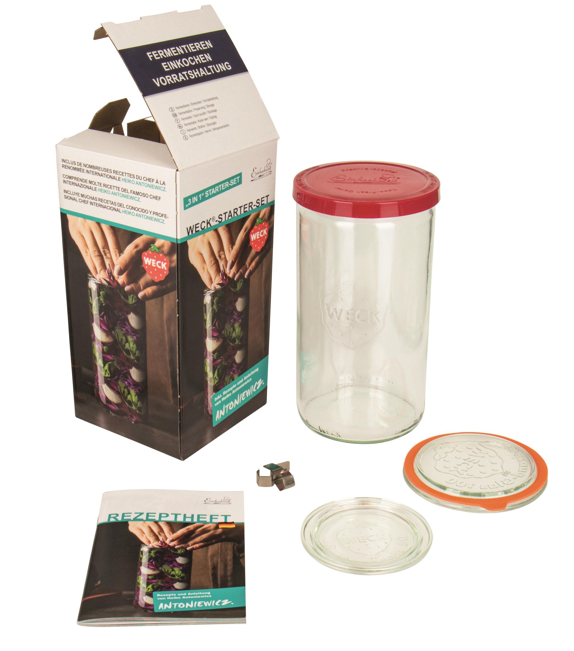 WECK Fermentier-Set Inhalt: 1x Weck Glas Stangenform 1590 ml (Nennvolumen) 1x Glasdeckel 100 mm 1x Glasdeckel 80 mm 1x