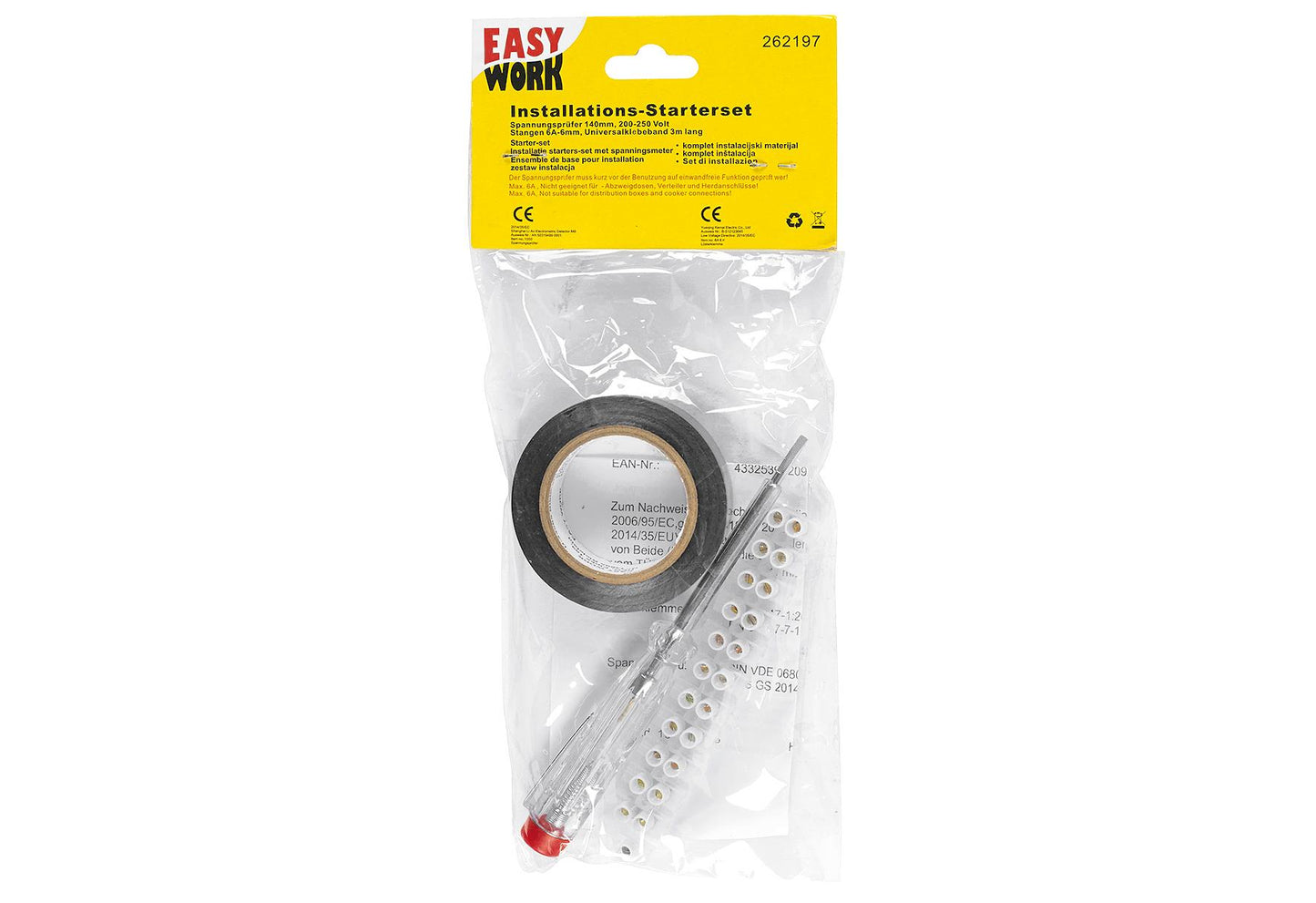 EASY WORK Starterset Elektro 3-teilig mit Phasenprüfer Isolierband Lüsterklemmenstreifen - VPE: 12