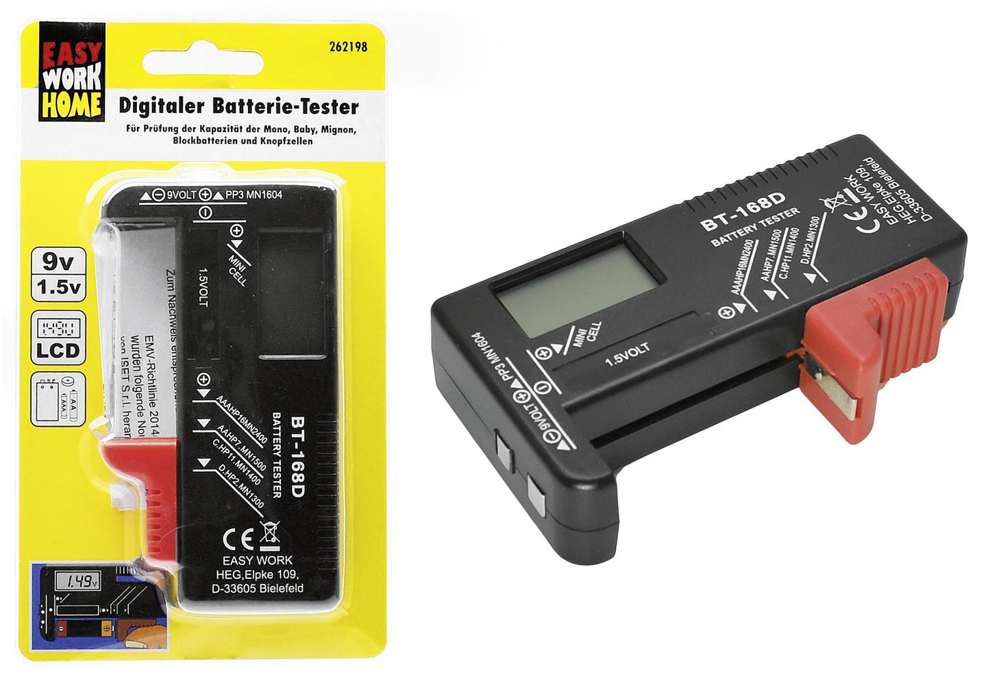 EASY WORK Batterietester Testbatterien in voller Größe: C AA AAA D N 9V und 155V Knopfzelle - VPE: 6