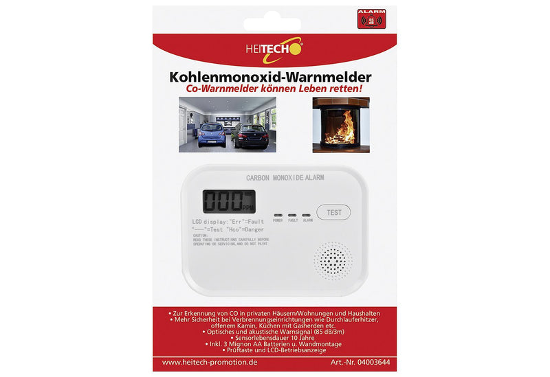 HEITECH Kohlenmonoxid-Melder 10 Jahre inkl 3x Mignon AA Batterien