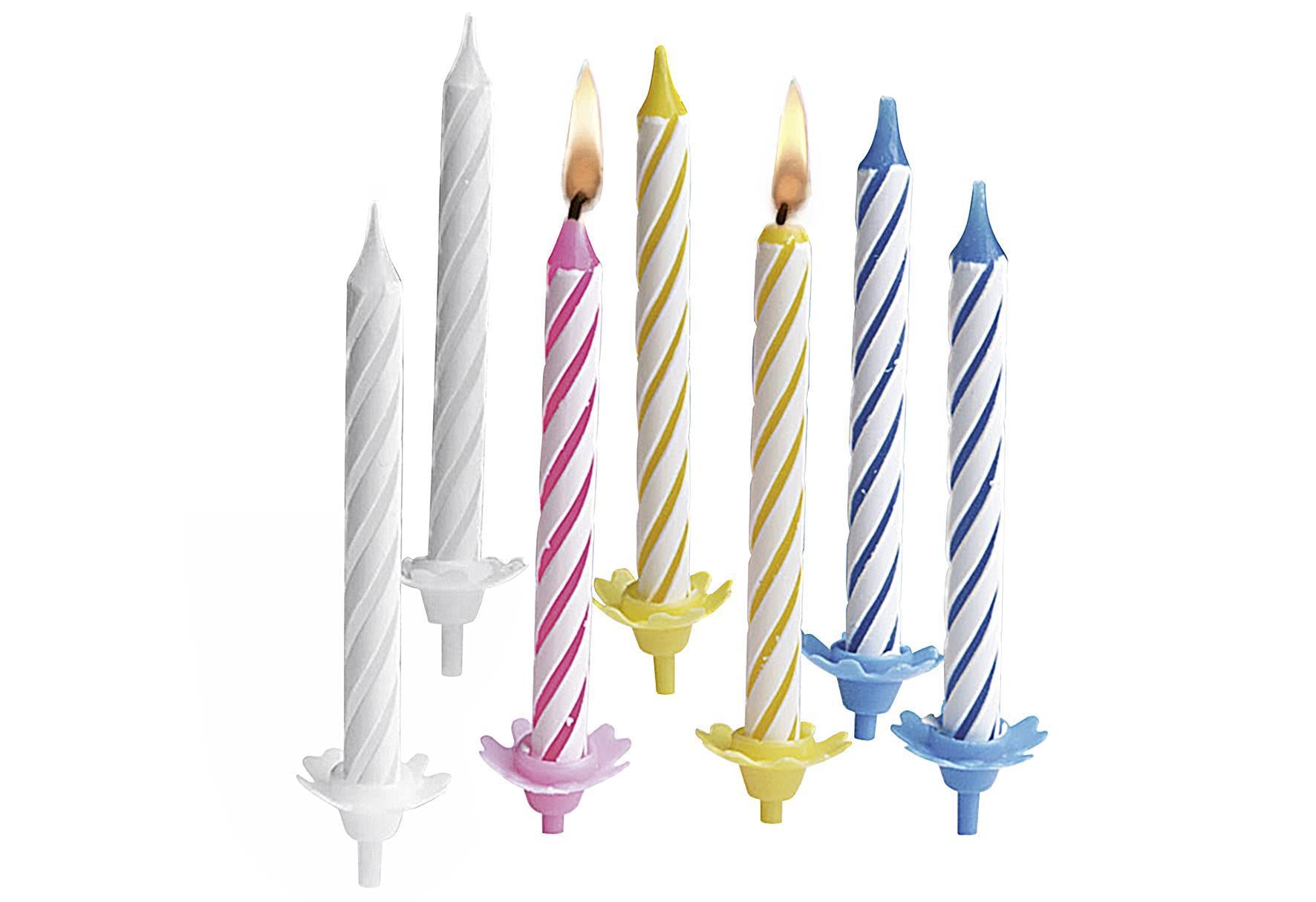 Geburtstagskerze Tortenlichte mit Halter sortiert weiß/rosa/gelb/blau 24erPack - VPE: 24