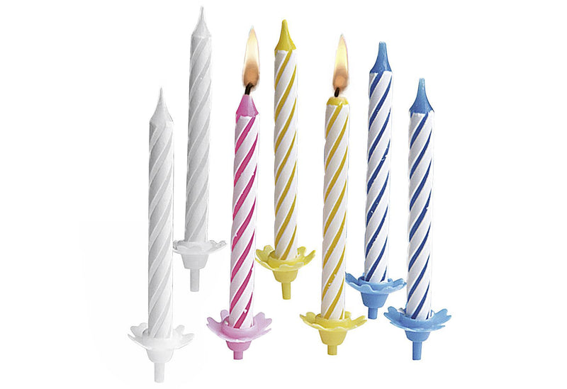Geburtstagskerze Tortenlichte mit Halter sortiert weiß/rosa/gelb/blau 24erPack - VPE: 24