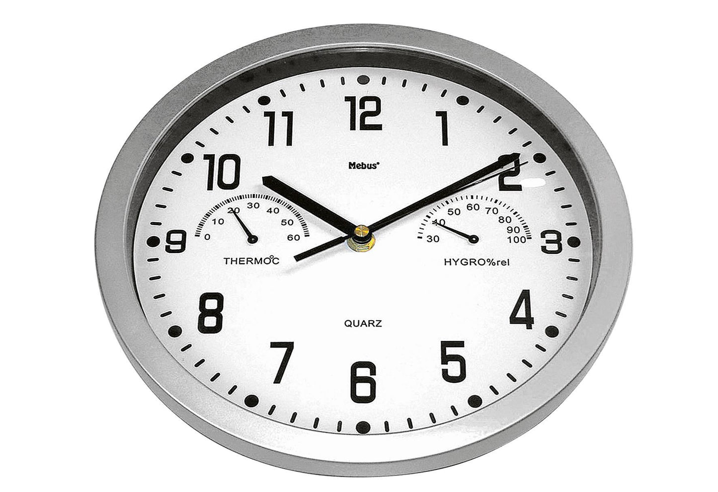 MEBUS Quarz-Wanduhr analog mit Thermometer / Hygrometer ohne 1x AA Batterie Ø225cm silber