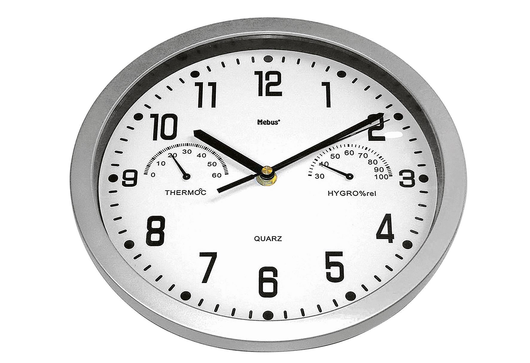 MEBUS Quarz-Wanduhr analog mit Thermometer / Hygrometer ohne 1x AA Batterie Ø225cm silber