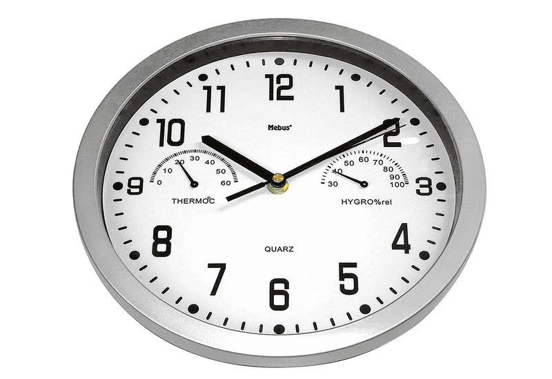 MEBUS Quarz-Wanduhr analog mit Thermometer / Hygrometer ohne 1x AA Batterie Ø225cm silber