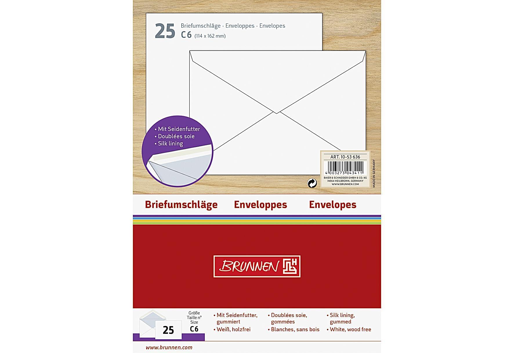 BRUNNEN Umschläge C6 gefüttert 25Stk 25er Pack - VPE: 20