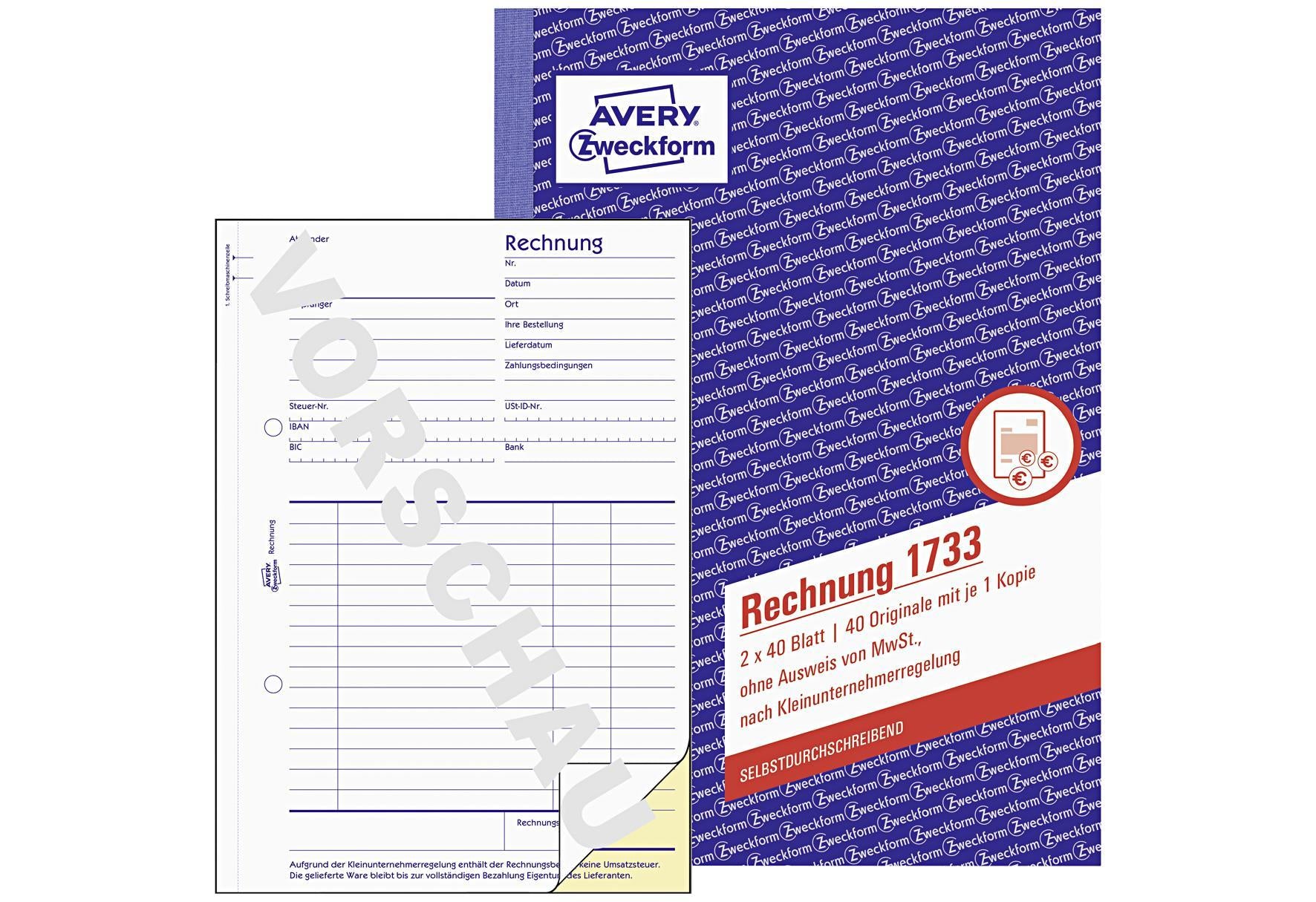 AVERY ZWECKFORM Rechnung A5 2x40 BL 1733 2x40 Blatt - VPE: 10