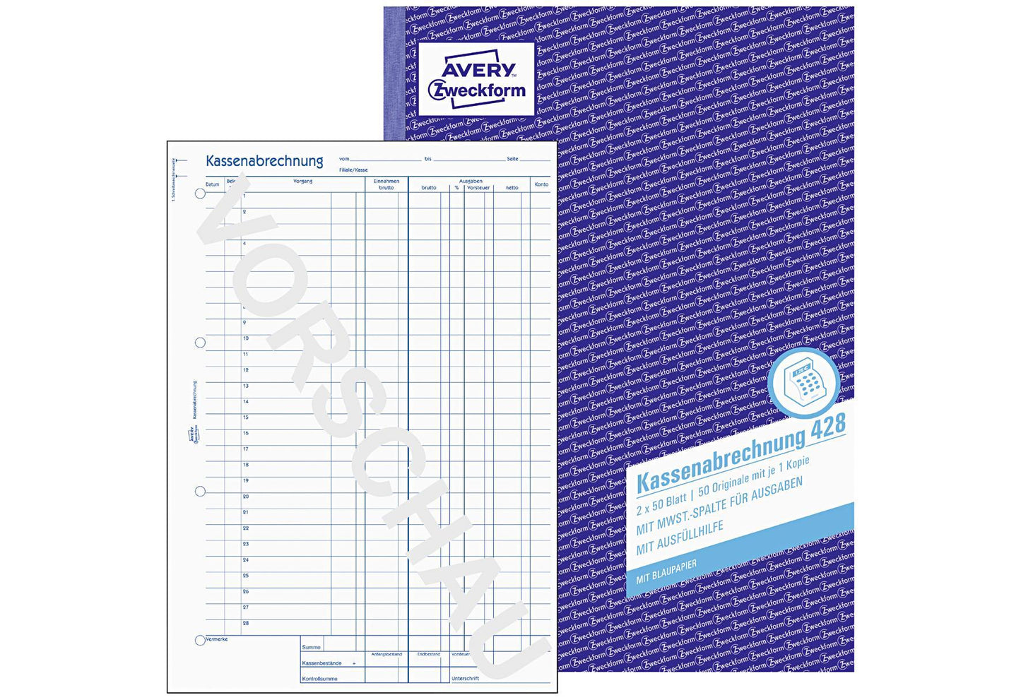 AVERY ZWECKFORM Kassenabrechnung A4 2x50Bl 428 - VPE: 5