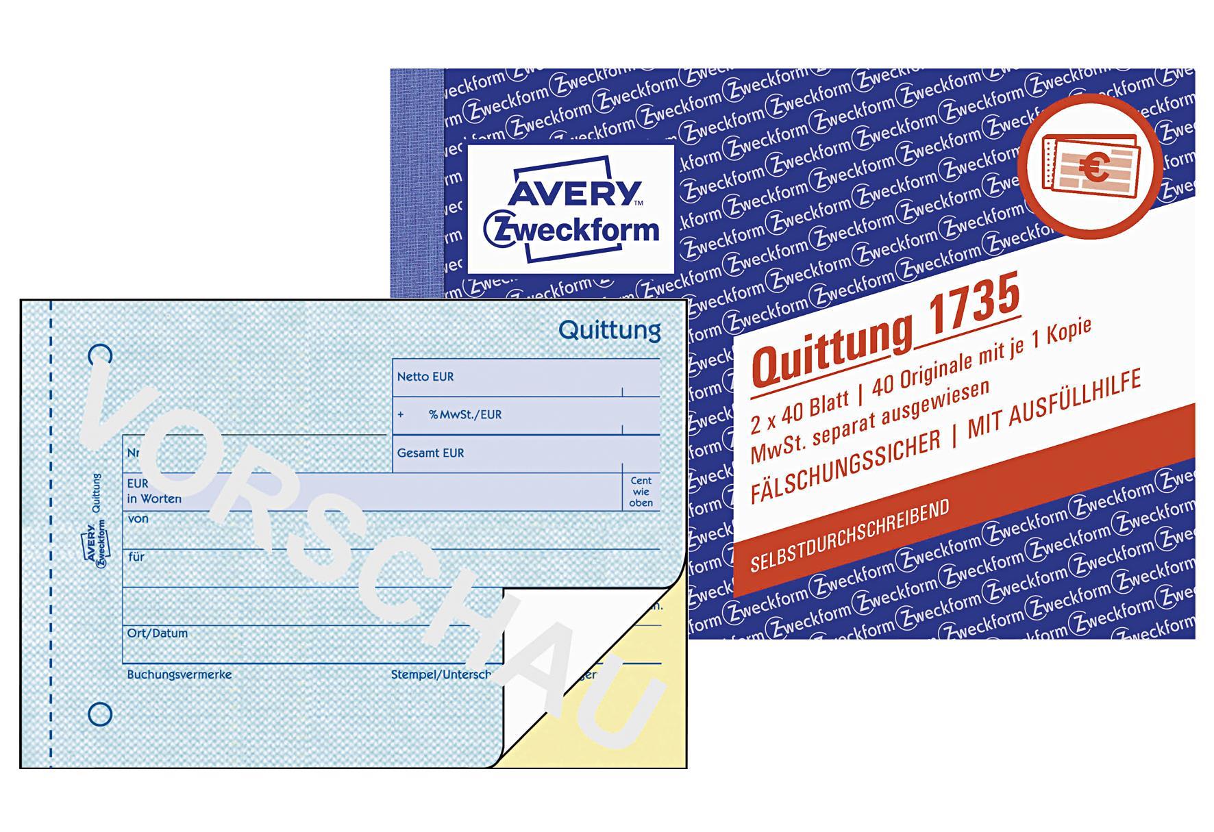 AVERY ZWECKFORM Quittung A6 SDmit Mwst2x40 - VPE: 20