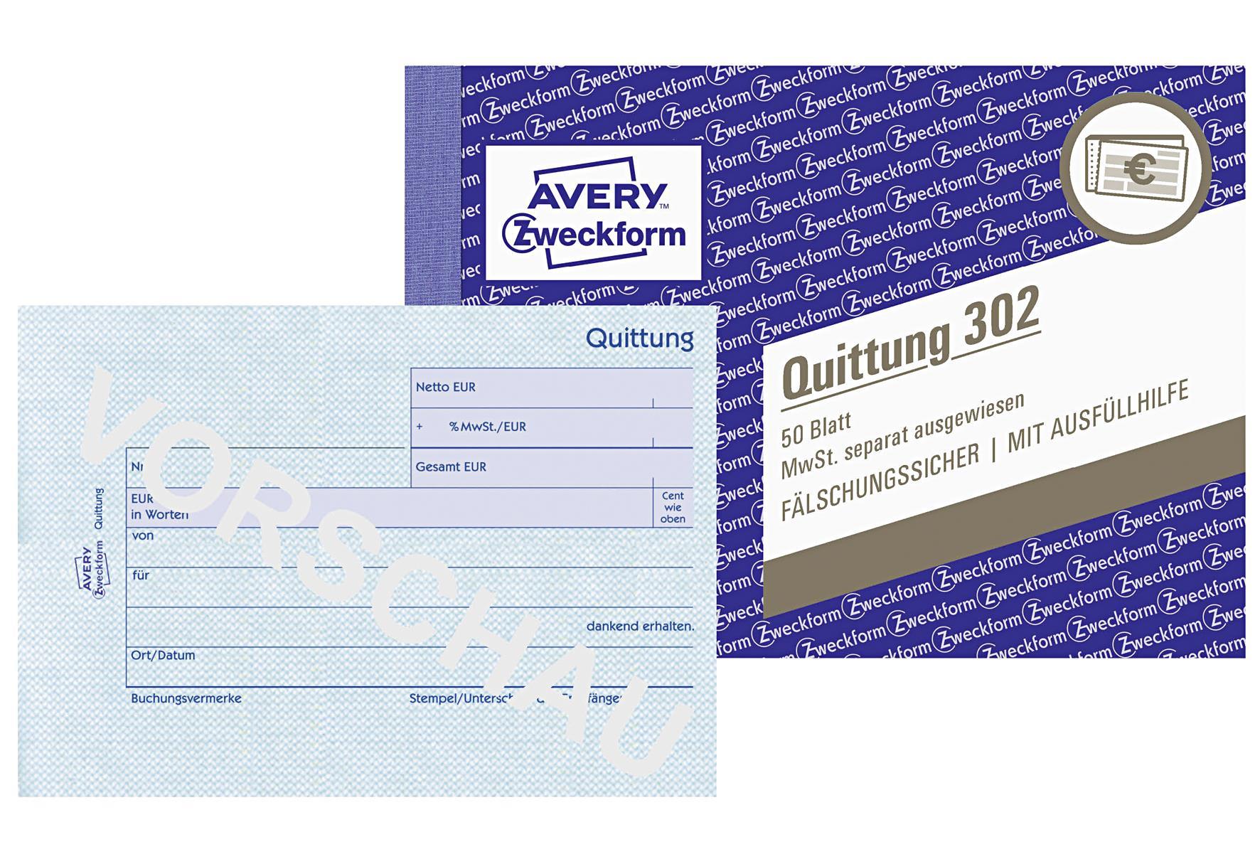AVERY ZWECKFORM Quittung A6mMwst50BL 302 - VPE: 20